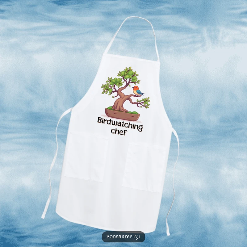 Funny cooking apron with a bonsai tree character balancing a tiny, colorful bird on its branch, ideal for humorous and protected meal preparation.