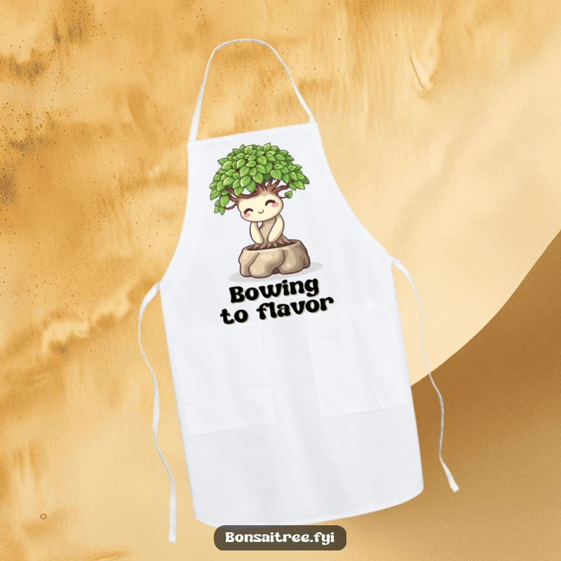 Funny cooking apron with a bonsai tree character bowing playfully with a warm smile, ideal for humorous and protected meal preparation.