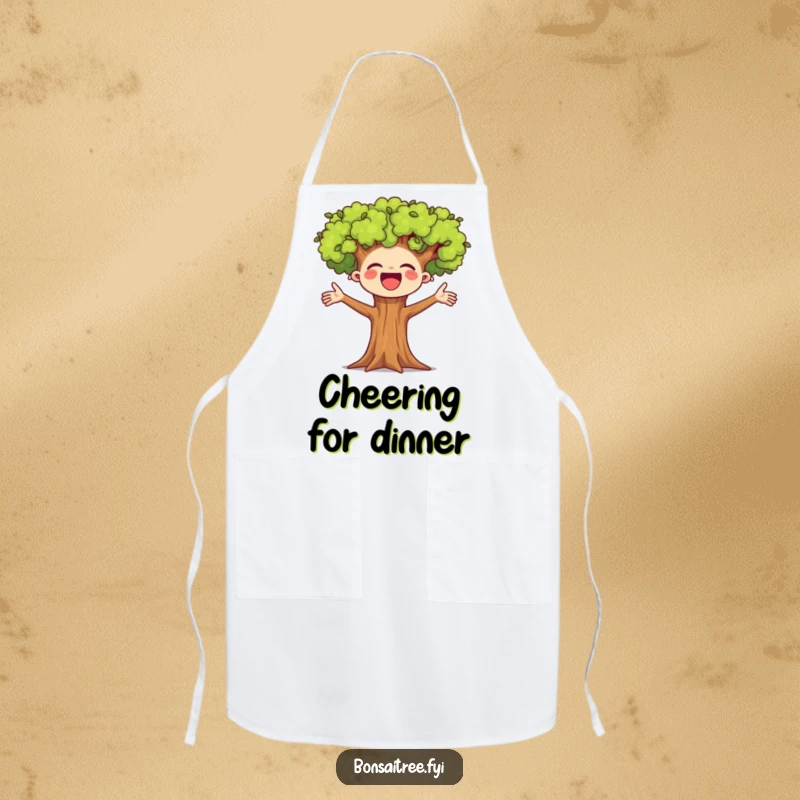 Funny cooking apron featuring a cheerful tree with arms outstretched, bringing joy to the kitchen.