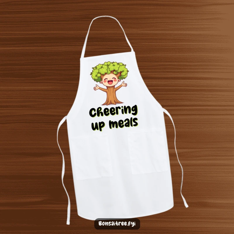 Funny kitchen apron with a small bonsai tree character cheering happily with arms spread wide. Ideal for cooks who love to have fun.