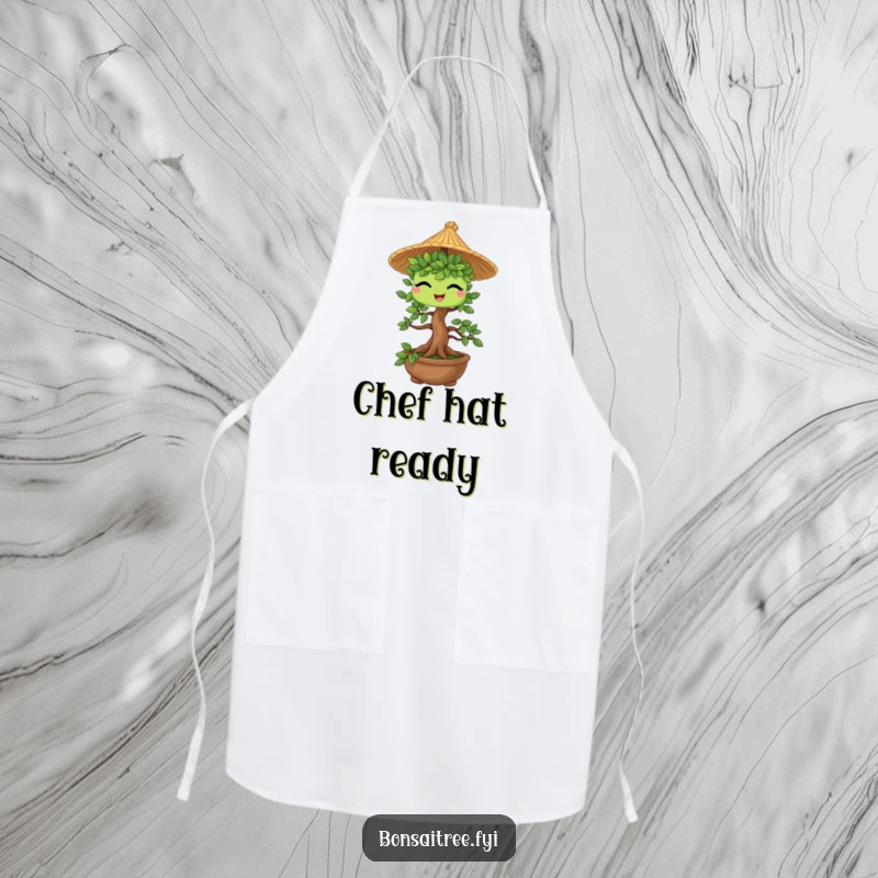 Funny Bonsai Tree Apron: A bonsai character wearing a miniature straw hat and winking, adding a playful touch to cooking.