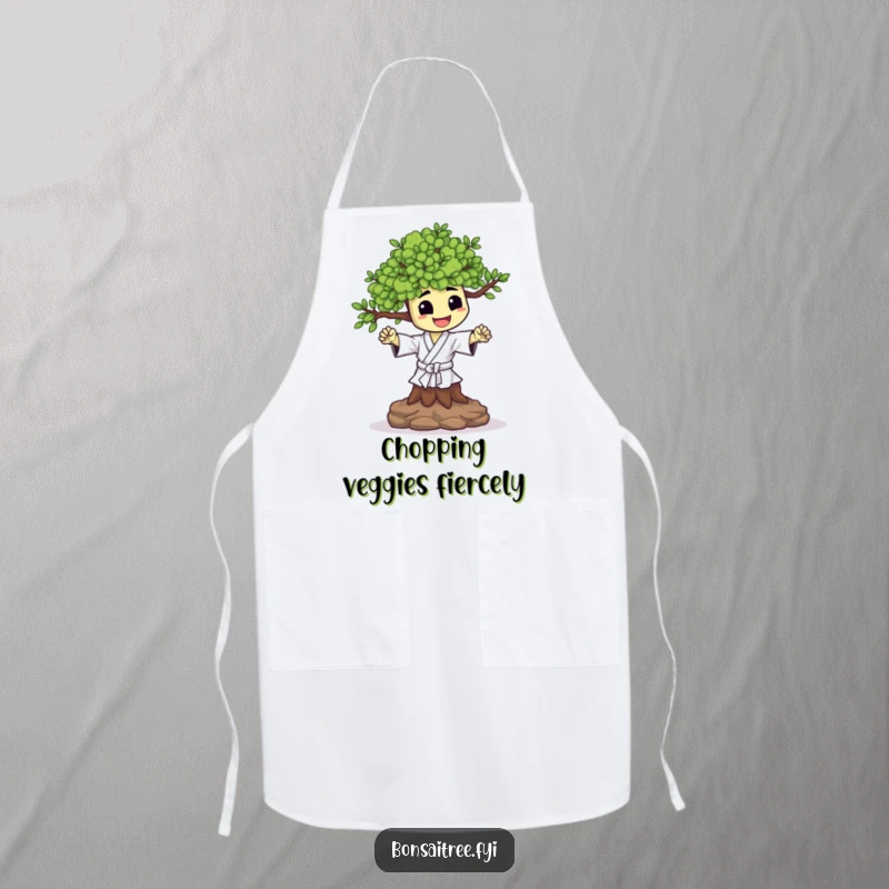 Funny apron showing a happy bonsai tree character performing a tiny karate chop. Ideal for a spirited kitchen.
