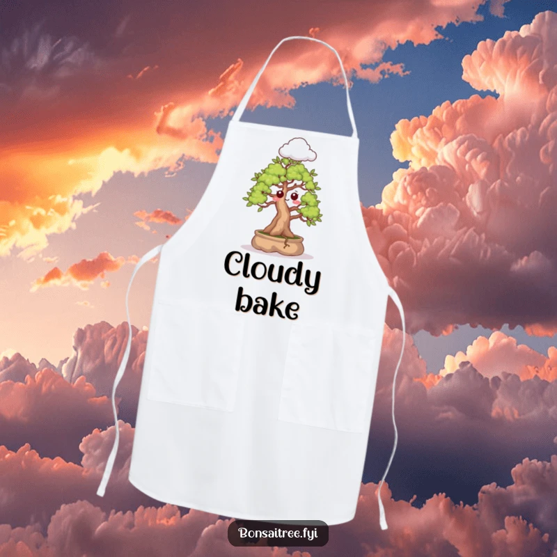 Funny apron featuring a bonsai tree with a surprised expression sprouting a tiny cloud, adding humor and protection during cooking.