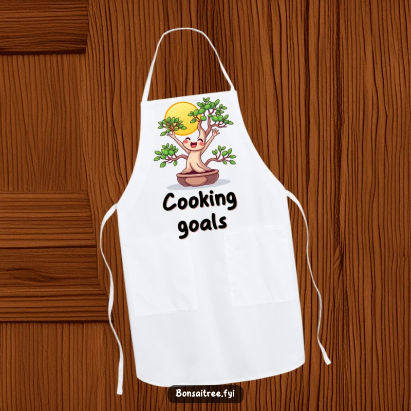 Funny beaming bonsai reaching for the sun on a kitchen apron, perfect for cheerful cooks and spreading optimistic humor.