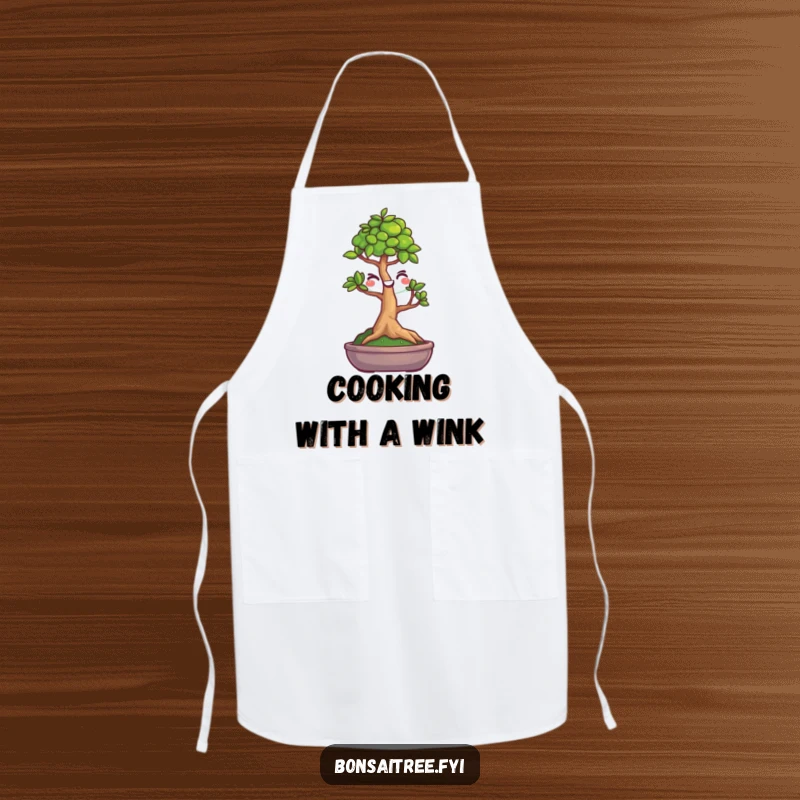 Funny kitchen apron featuring a cheerful bonsai tree character winking with a happy face. Perfect for chefs who love to cook and laugh.