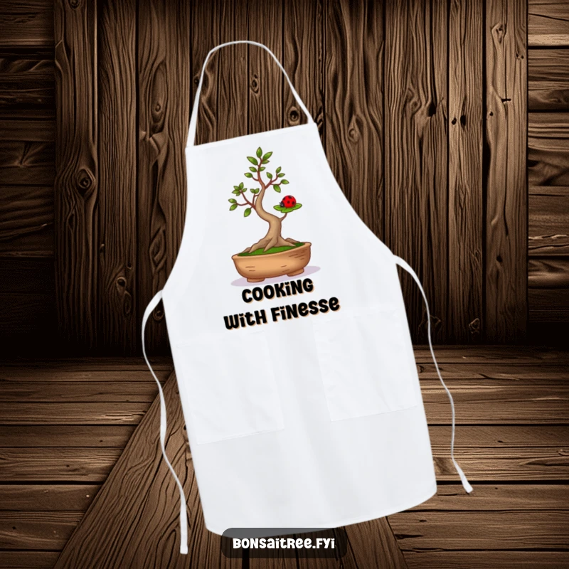 Funny chef apron with a bonsai tree balancing a ladybug, perfect for kitchen humor and a great funny gift.
