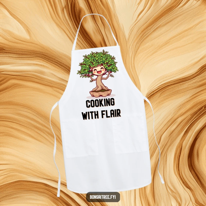 Funny apron with a joyful bonsai tree character dancing with a breeze, designed for kitchen fun and energetic cooking.
