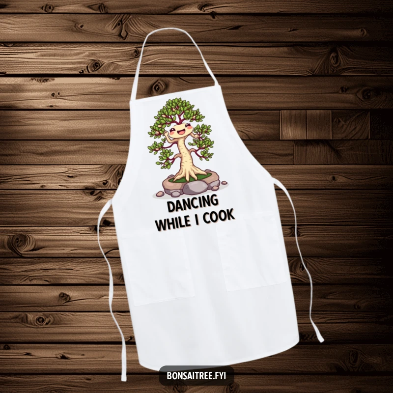 Funny Jigging Bonsai Tree Apron: A cheerful bonsai dances with stones, adding a humorous and practical touch to your kitchen attire.