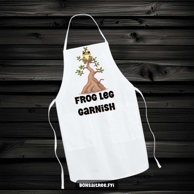 Funny apron showing a playful bonsai tree character balancing a frog on its highest branch. Ideal for a serene kitchen.