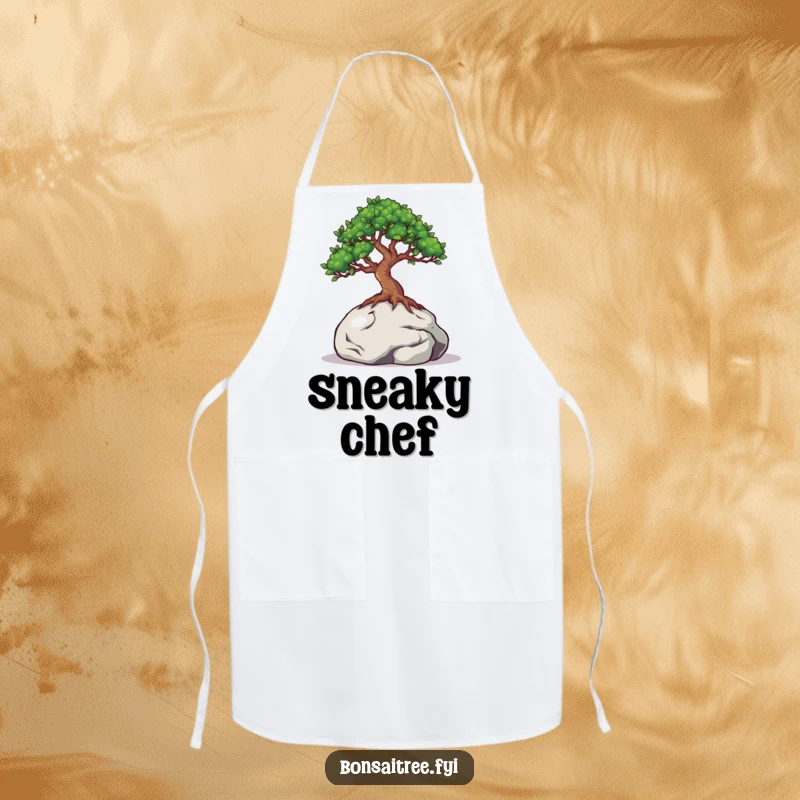Funny apron featuring a bonsai tree with eyes peeking from behind a miniature rock, adding humor and protection during cooking.
