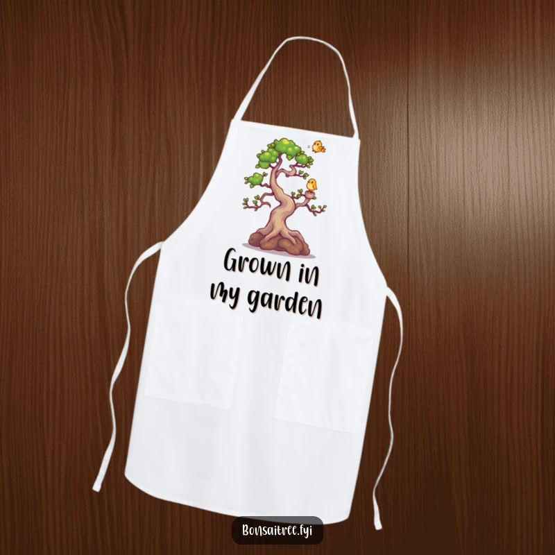 Funny Bonsai Tree Apron: A cheerful bonsai character giggling while a tiny bird lands on its branch, making meal prep fun.