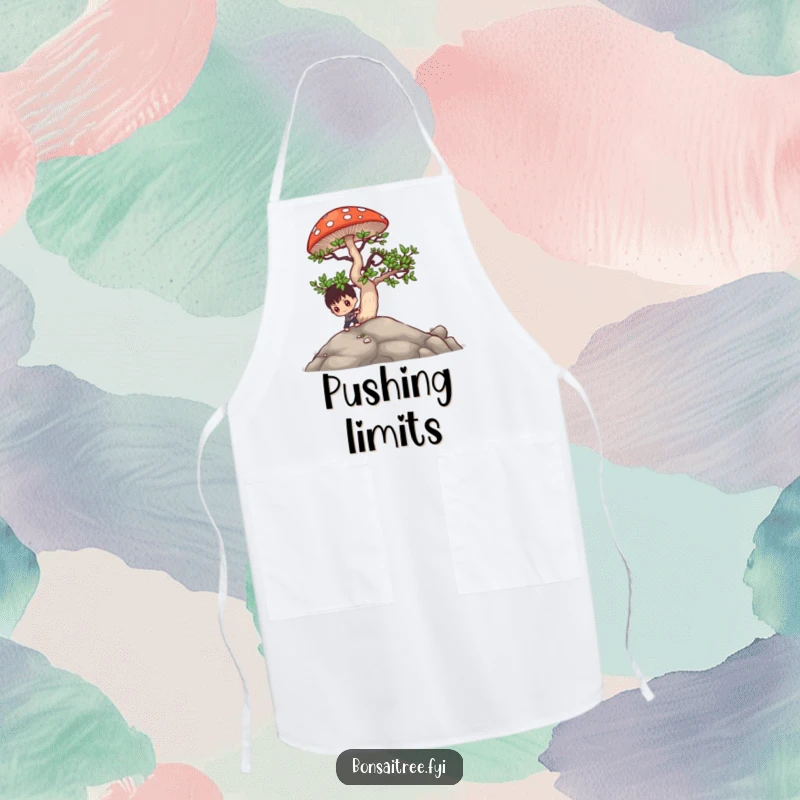 Funny bonsai character pushing a large mushroom uphill on a kitchen apron, ideal for humorous cooking sessions.
