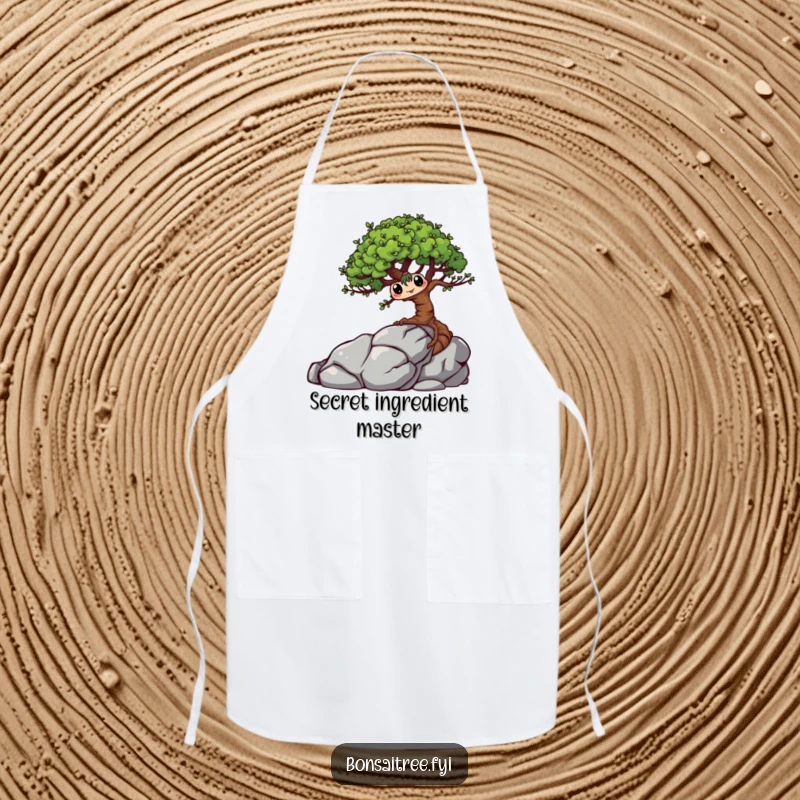 Funny Bonsai Tree Apron featuring a mischievous chef character hiding behind a rock, perfect for adding humor to kitchen tasks.