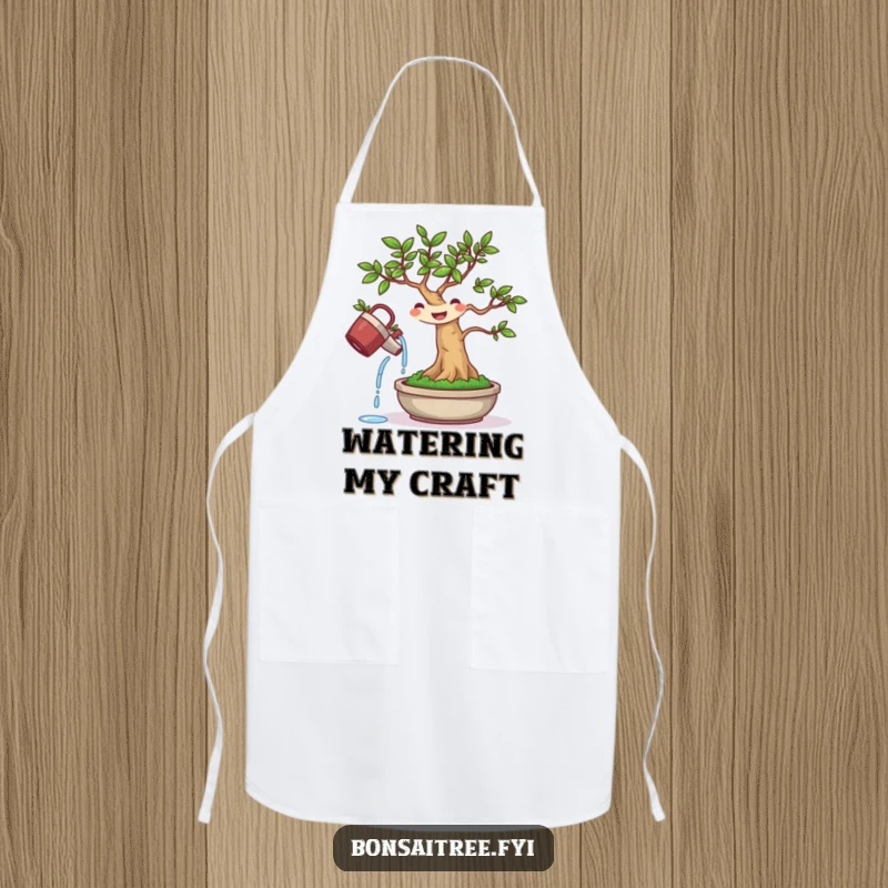 Funny apron design with a small, happy bonsai tree character diligently watering itself while cooking or gardening.
