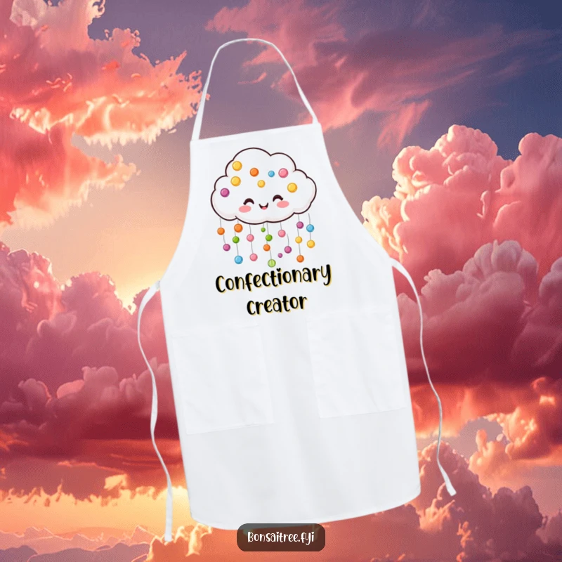 Funny cloud apron, raining colorful candy drops, making kitchen tasks a sweet and joyous occasion.