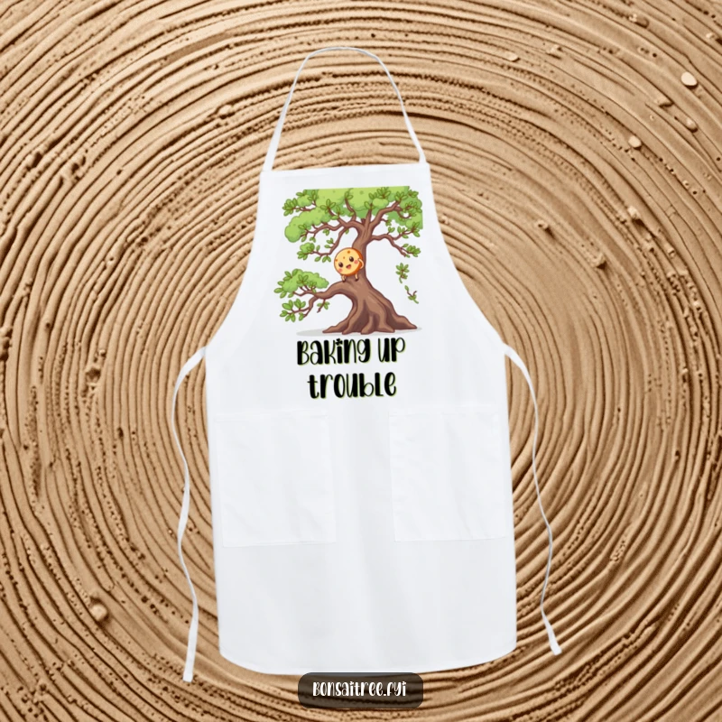 Funny apron featuring a cookie character climbing a bonsai branch, a whimsical and humorous addition to any kitchen.