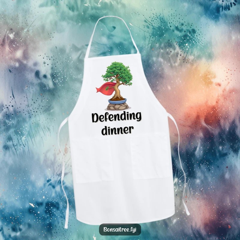 Funny chef apron with a bonsai tree in a cape striking a heroic pose, perfect for kitchen heroism and a funny gift.