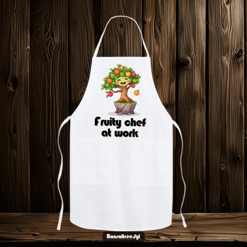 Funny joyful bonsai tree character bouncing a small, colorful fruit, ready to cook with joy on a cute apron.