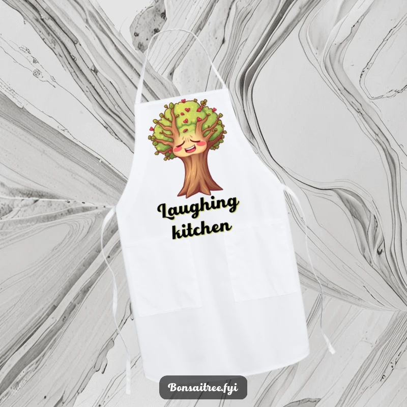 Funny tree apron showing a tree with a face hilariously contorted in a silent laugh, suitable for kitchen tasks.