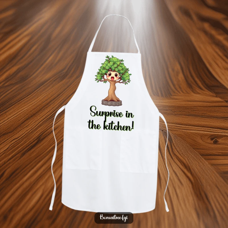 Funny surprised bonsai tree apron, branches reaching out in shock, a humorous kitchen accessory for chefs who love to laugh.