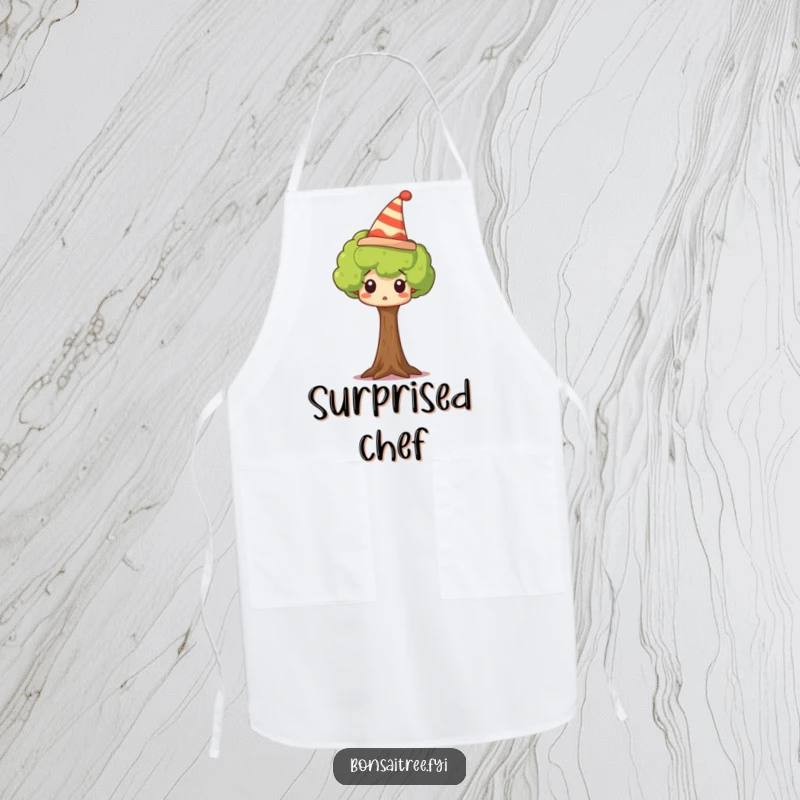 Funny tree apron showing a tiny tree wearing a silly hat and looking surprised, suitable for kitchen tasks.