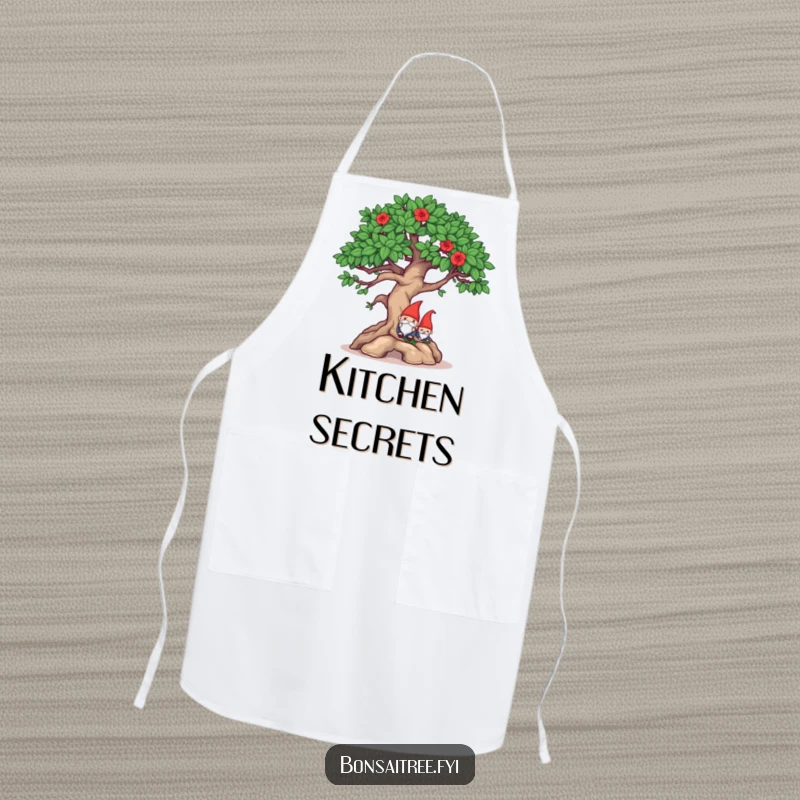 Funny mischievous bonsai winking and hiding a gnome on a kitchen apron, perfect for playful cooks and humorous kitchen moments.