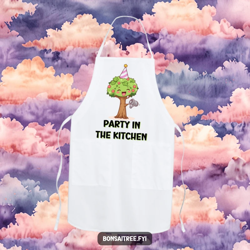 Funny apron with a miniature bonsai tree in a party hat, joyfully dancing while holding a watering can.