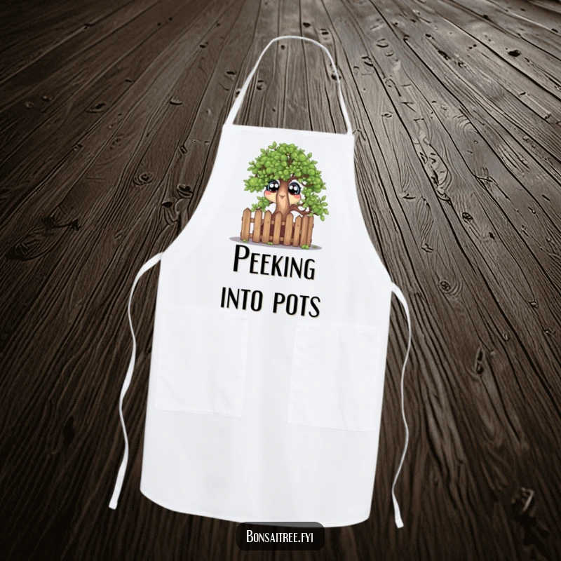 Funny cooking apron with a bonsai tree character peeking with wide eyes over a tiny fence, ideal for humorous and protected cooking.