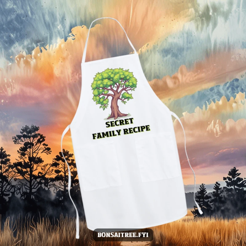 Funny kitchen apron showcasing a small bonsai tree leaning in, as if telling a secret. Protects clothes while adding a humorous, mysterious element.