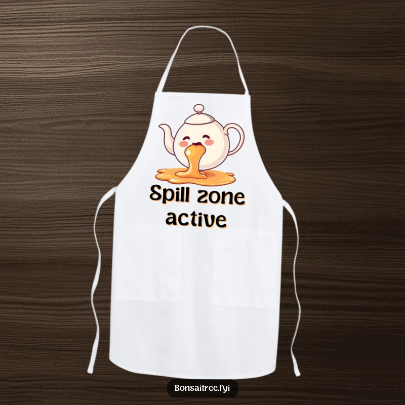 Funny teapot apron, comically spilling a vibrant rainbow of tea, perfect for a cheerful and messy cook.