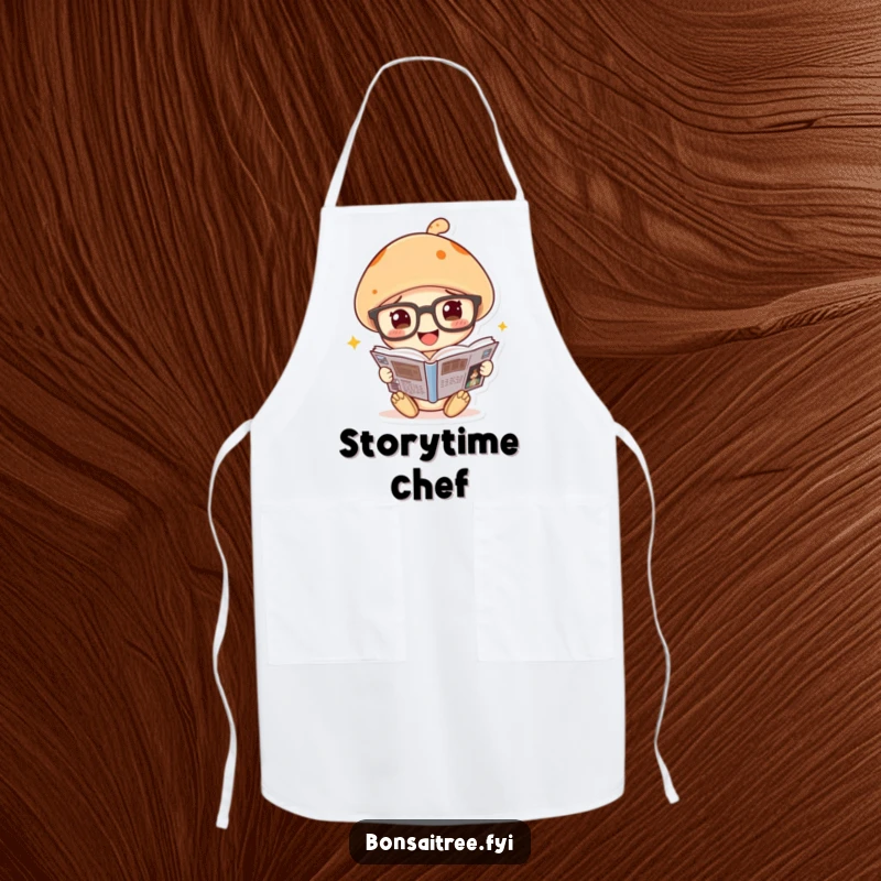 Funny mushroom apron, wearing spectacles, reading a comic while cooking, a humorous kitchen companion.