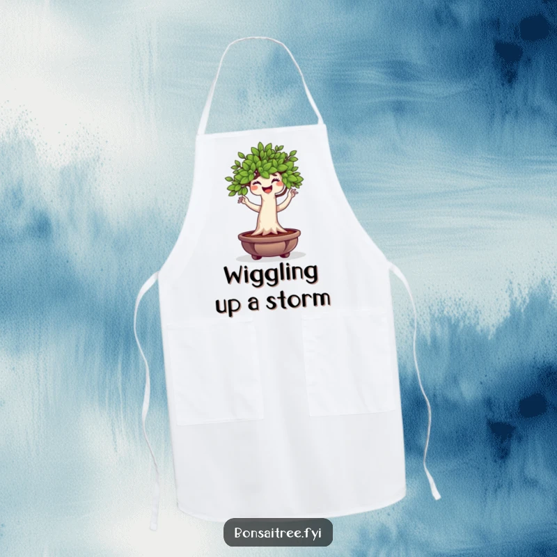 Funny Bonsai Tree Apron featuring a plump chef character doing a wiggle dance, perfect for adding humor to kitchen tasks.
