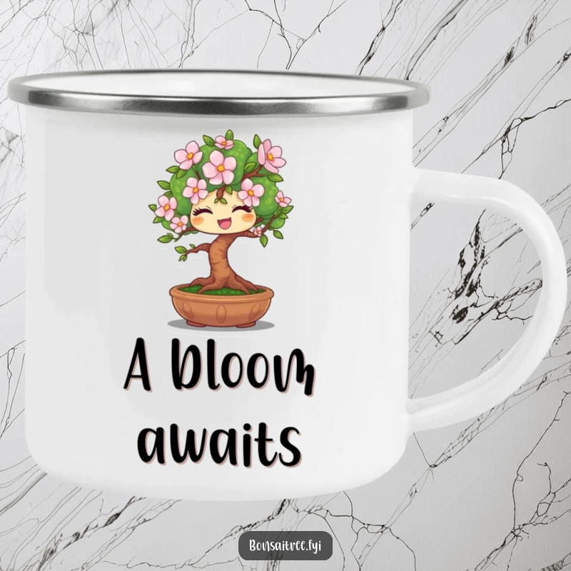 Funny camping mug showing a winking bonsai tree character offering a bloom, designed for outdoor enjoyment and humor.