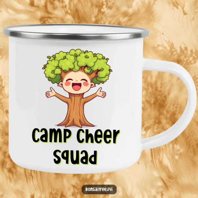 Funny enamel camping mug depicting a small bonsai tree mascot cheering joyfully with outstretched arms. Ideal for campers and outdoor lovers.