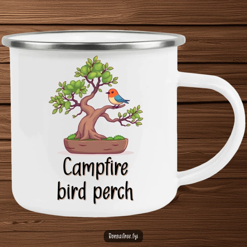 Funny enamel camping mug showing a bonsai tree character balancing a tiny, colorful bird on its branch, ideal for humorous outdoor enjoyment.