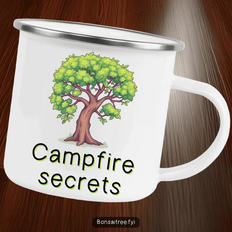 Funny enamel camping mug featuring a small bonsai tree leaning in, as if sharing a secret. Great for outdoor enthusiasts who enjoy mystery.