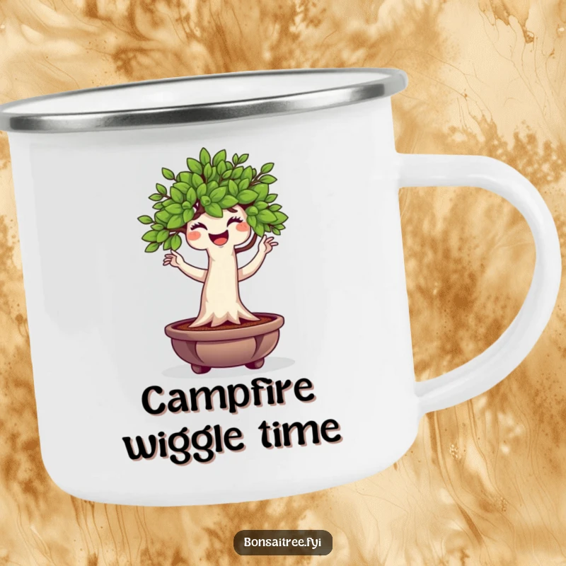 Funny Bonsai Tree Camping Mug showing a plump character doing a wiggle dance, perfect for outdoor enthusiasts who love a laugh.