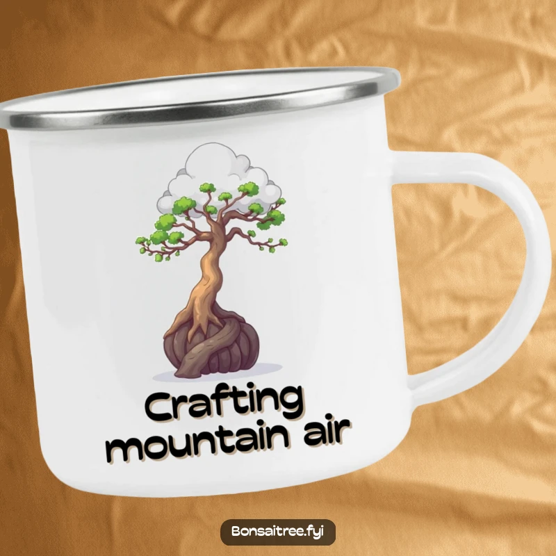 Durable, funny camping mug with a bonsai tree sculpting a cloud, perfect for artistic outdoor moments.
