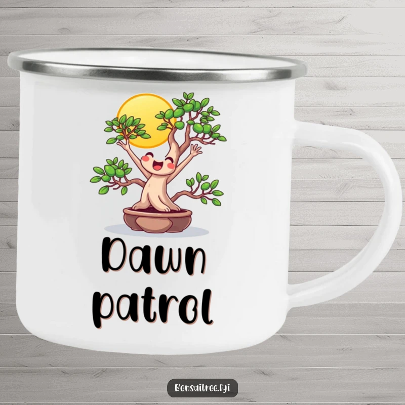 Funny beaming bonsai reaching for the sun on a camping mug, perfect for cheerful outdoor moments and optimistic enjoyment.