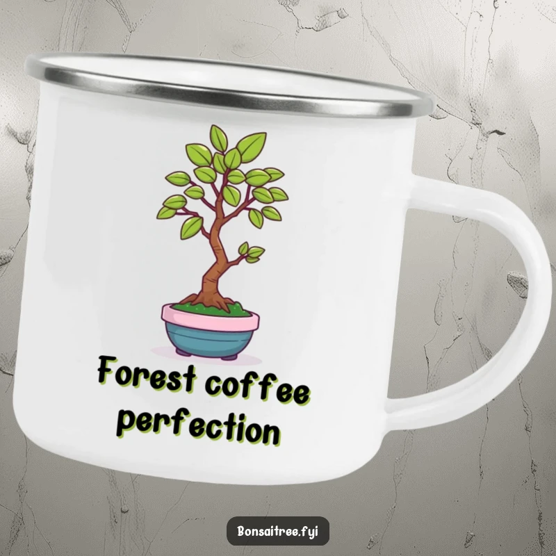 Funny enamel camping mug showing a happy bonsai tree character offering a perfect leaf, built for rugged, humorous adventures.