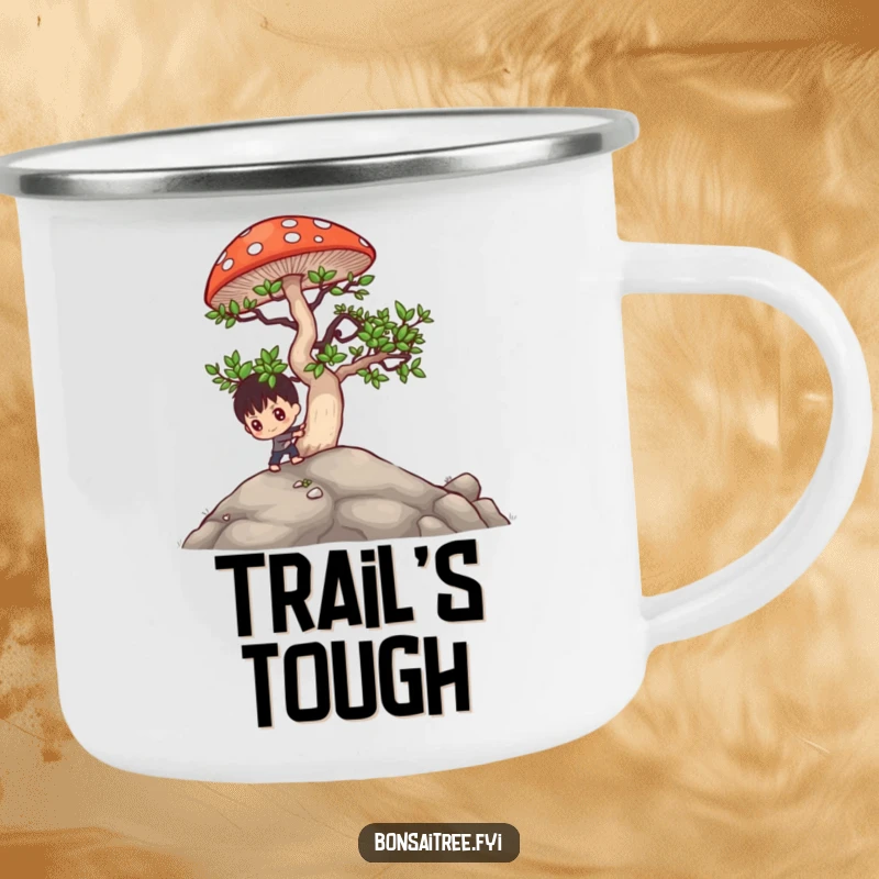 Funny bonsai character pushing a large mushroom uphill on a durable camping mug for outdoor adventures and humorous sips.