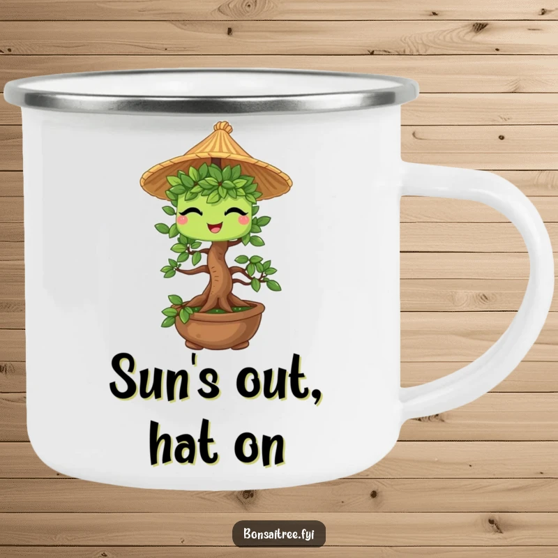 Funny Bonsai Tree Camping Mug: A bonsai character wearing a miniature straw hat and winking, perfect for outdoor enjoyment.