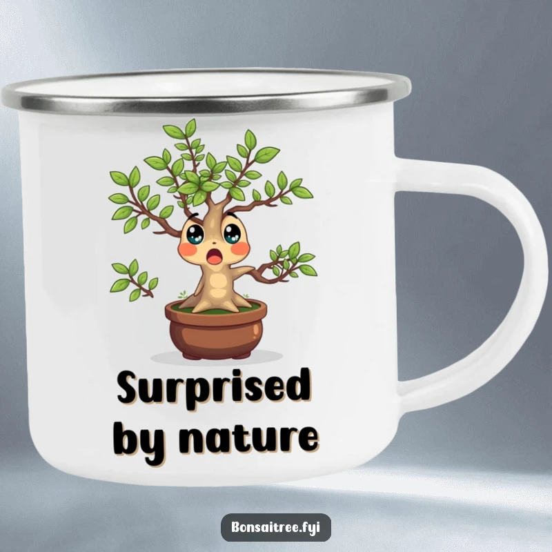 Funny Bonsai Tree Camping Mug showing a surprised character with leaves popping outwards, perfect for outdoor enthusiasts who love a laugh.