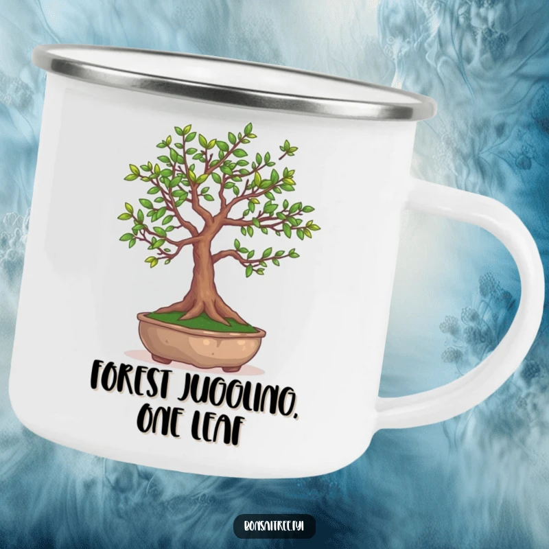 Funny Bonsai Tree Camping Mug: A durable mug showcasing a bonsai tree hilariously juggling its own leaves.
