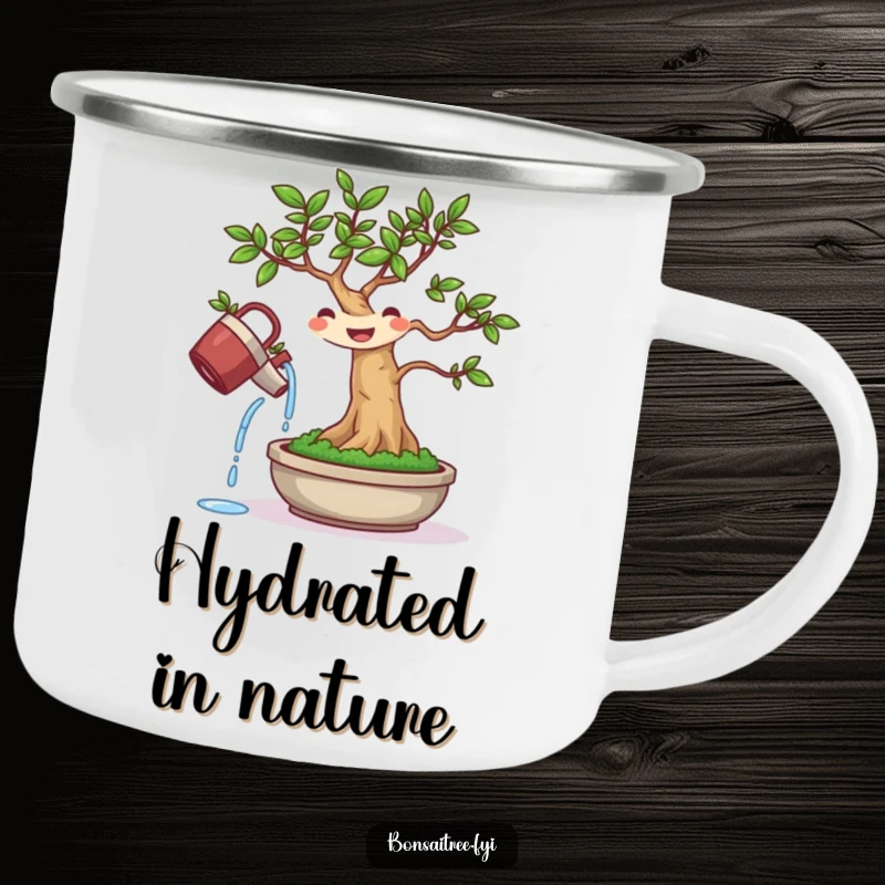 Funny camping mug with a cheerful bonsai character watering itself, ready for outdoor adventures and morning coffee.
