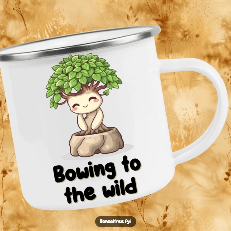 Funny enamel camping mug showing a playful bonsai tree character bowing with a warm smile, built for rugged, humorous outdoor greetings.