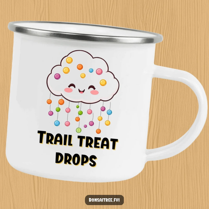 Funny cloud camping mug, raining colorful candy drops, ideal for sweet and cheerful outdoor drinking.