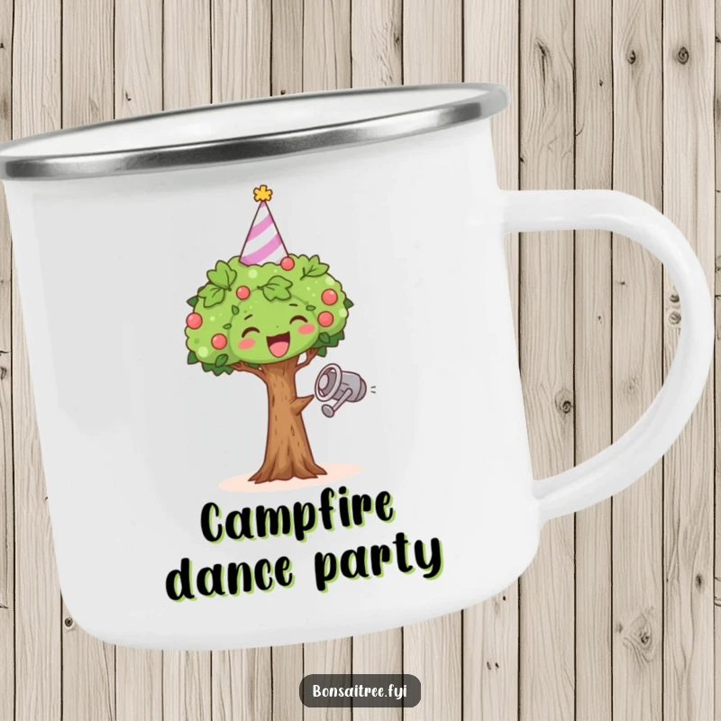 Funny camping mug featuring a bonsai tree in a party hat, dancing with a watering can, perfect for outdoor celebrations.