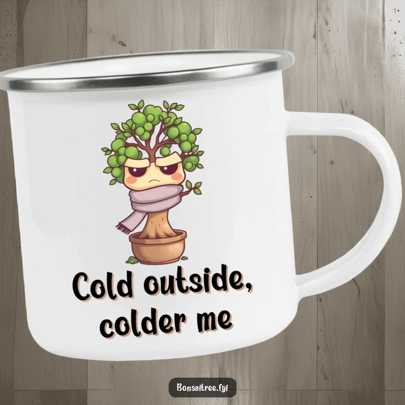 Funny grumpy bonsai tree character looking annoyed on a rugged camping mug, perfect for outdoor enthusiasts, a humorous travel companion.