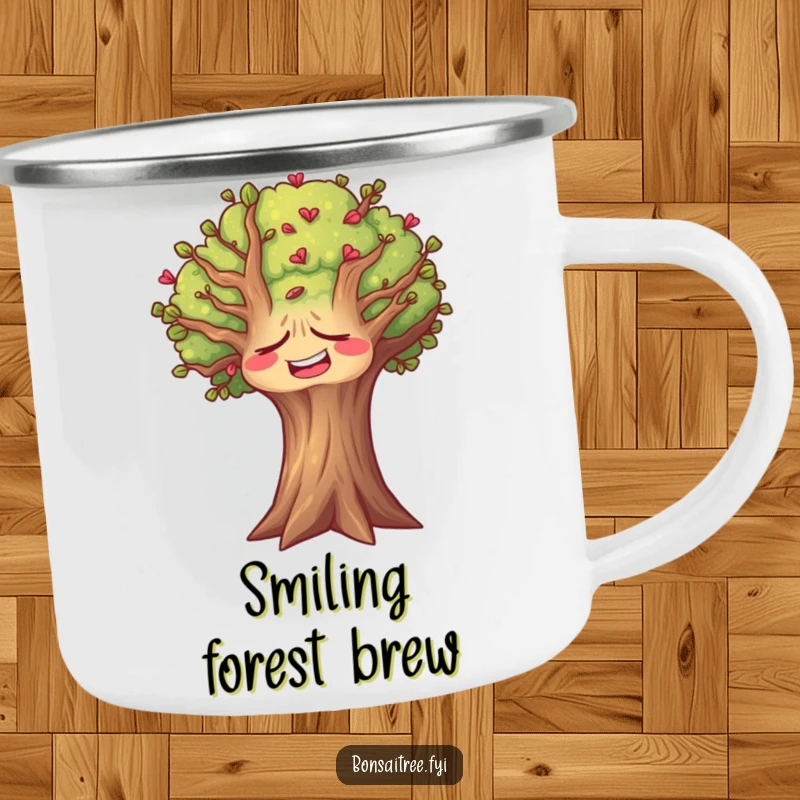 Funny tree camping mug showing a tree with a face contorted in a silent laugh, perfect for outdoor enjoyment.